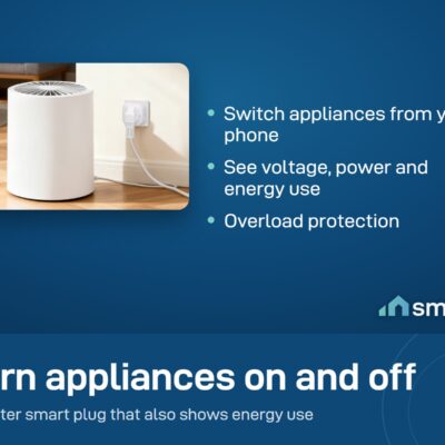Sonoff iPlug S61s smart plug in a wall socket, powering an appliance on a wooden floor