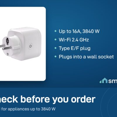 Sonoff iPlug S61s is rated up to 16A and 3840 W, uses Wi-Fi 2.4 GHz and has a Type E/F plug