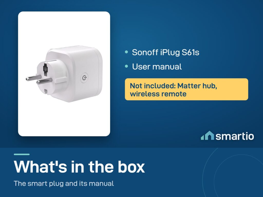 What's in the Sonoff iPlug S61s box: smart plug and manual. Matter hub and wireless remote not included