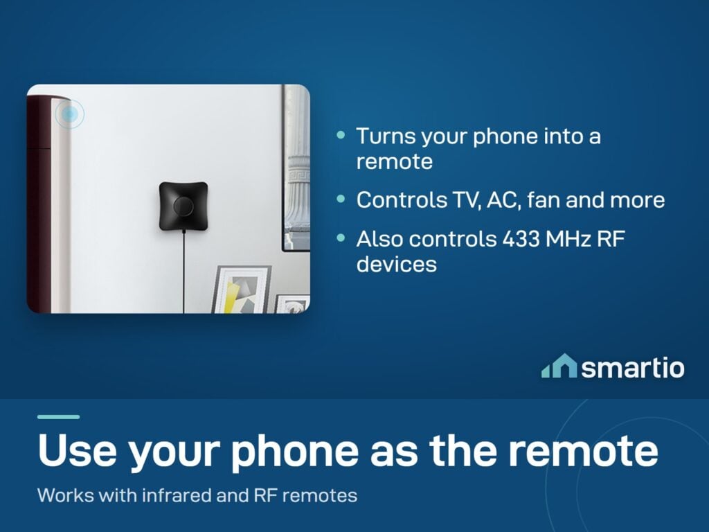 Broadlink RM4 Pro mounted on a wall next to an air conditioner, with signal waves to the AC and TV