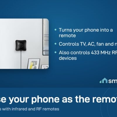 Broadlink RM4 Pro mounted on a wall next to an air conditioner, with signal waves to the AC and TV