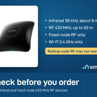 Broadlink RM4 Pro controls infrared 38 kHz and fixed-code 433 MHz RF devices and uses Wi-Fi 2.4 GHz only