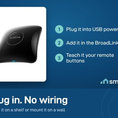 Broadlink RM4 Pro setup: plug into USB power, add it in the BroadLink app, teach it your remote buttons