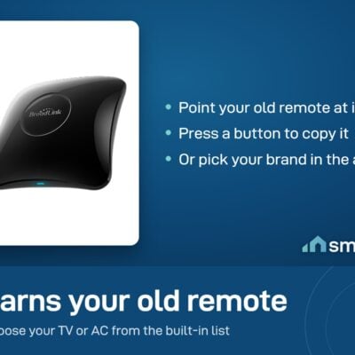 Broadlink RM4 Pro learns the buttons of your old remote, or you pick your TV or AC brand in the app