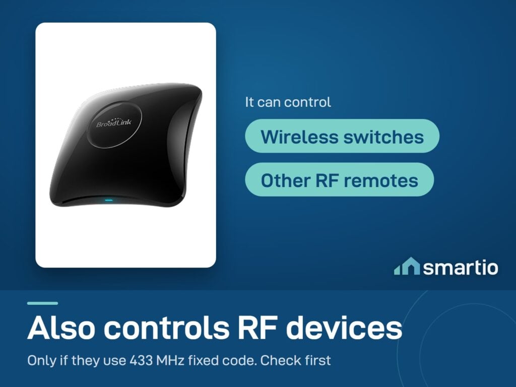 Broadlink RM4 Pro also controls RF devices such as wireless switches, if they use 433 MHz fixed code