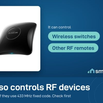 Broadlink RM4 Pro also controls RF devices such as wireless switches, if they use 433 MHz fixed code