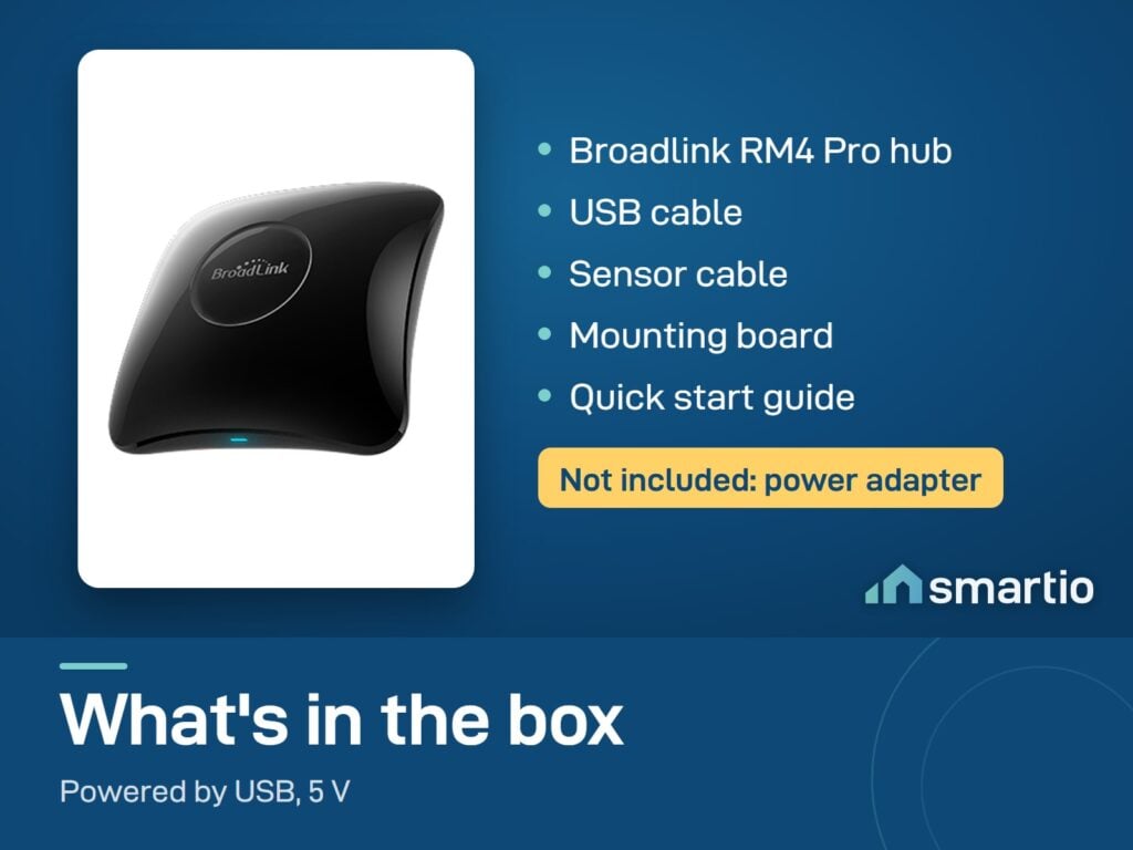 What's in the Broadlink RM4 Pro box: hub, USB cable, sensor cable, mounting board, guide. No power adapter