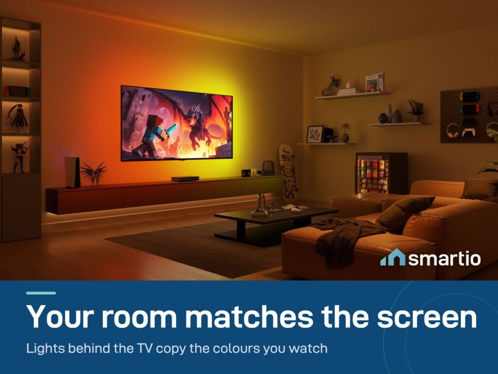 Govee Sync Box 2 (75-85 inch) lighting the wall behind a TV in warm colours that match a game scene