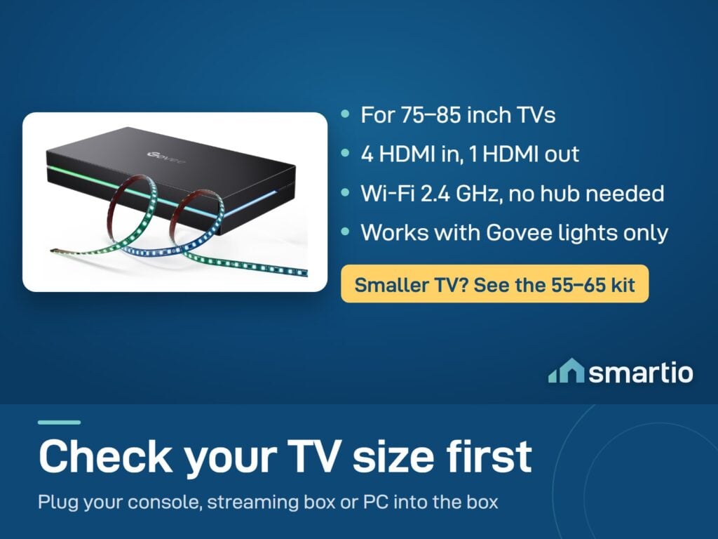 Govee Sync Box 2 (75-85 inch): 4 HDMI in, 1 out, Wi-Fi 2.4 GHz, no hub, works with Govee lights only