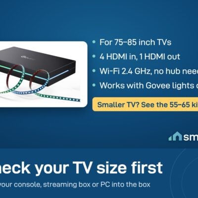 Govee Sync Box 2 (75-85 inch): 4 HDMI in, 1 out, Wi-Fi 2.4 GHz, no hub, works with Govee lights only