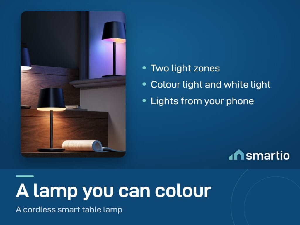 Govee Cordless Smart Table Lamp Classic glowing in colour on a shelf in a dark room