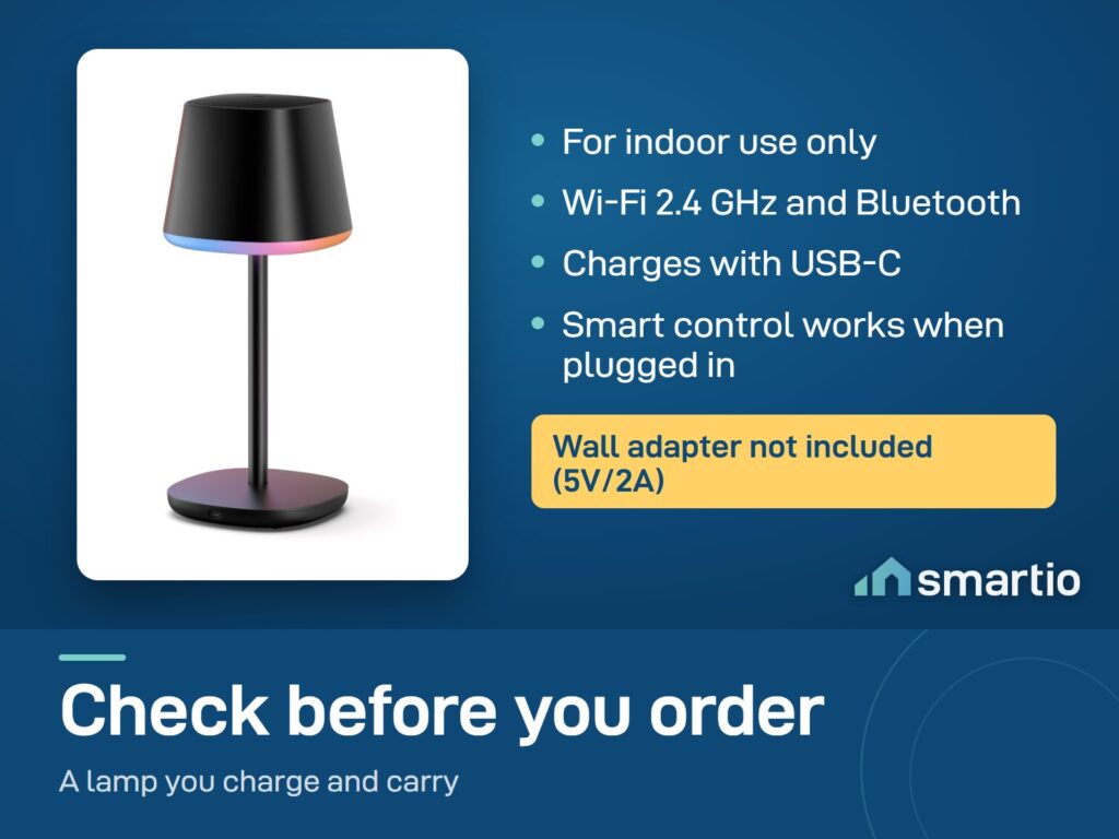 Govee Cordless Smart Table Lamp Classic: indoor use, Wi-Fi 2.4 GHz and Bluetooth, USB-C charging