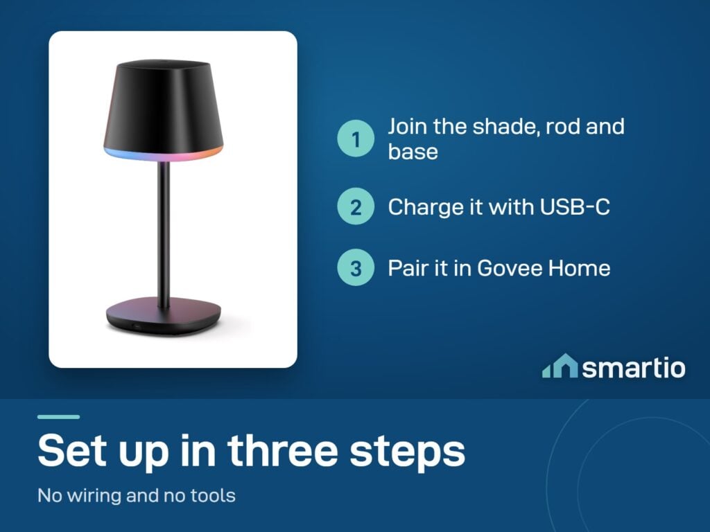 Govee Cordless Smart Table Lamp Classic set up: join the parts, charge with USB-C, pair in Govee Home
