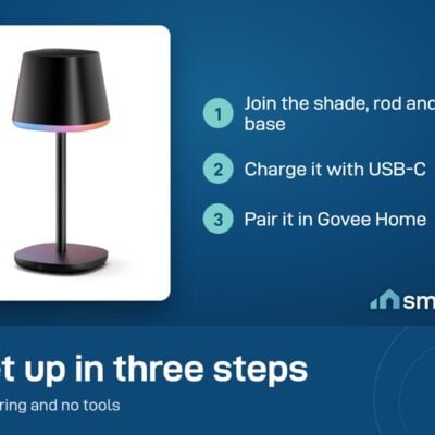 Govee Cordless Smart Table Lamp Classic set up: join the parts, charge with USB-C, pair in Govee Home