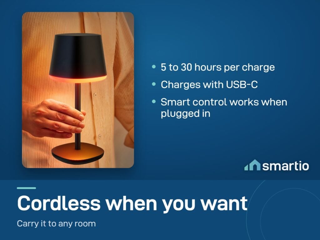 A hand lifting the Govee Cordless Smart Table Lamp Classic by its rod, glowing orange