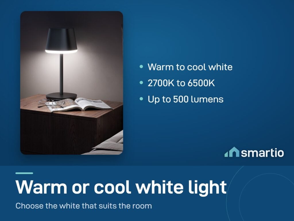 Govee Cordless Smart Table Lamp Classic giving white light beside a book on a bedside table