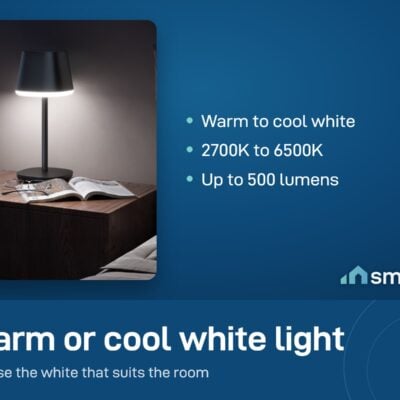 Govee Cordless Smart Table Lamp Classic giving white light beside a book on a bedside table