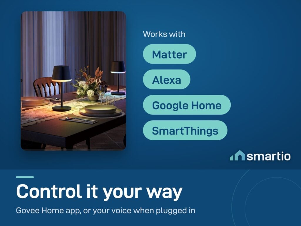 Govee Cordless Smart Table Lamp Classic on a dining table; works with Matter, Alexa, Google Home and SmartThings