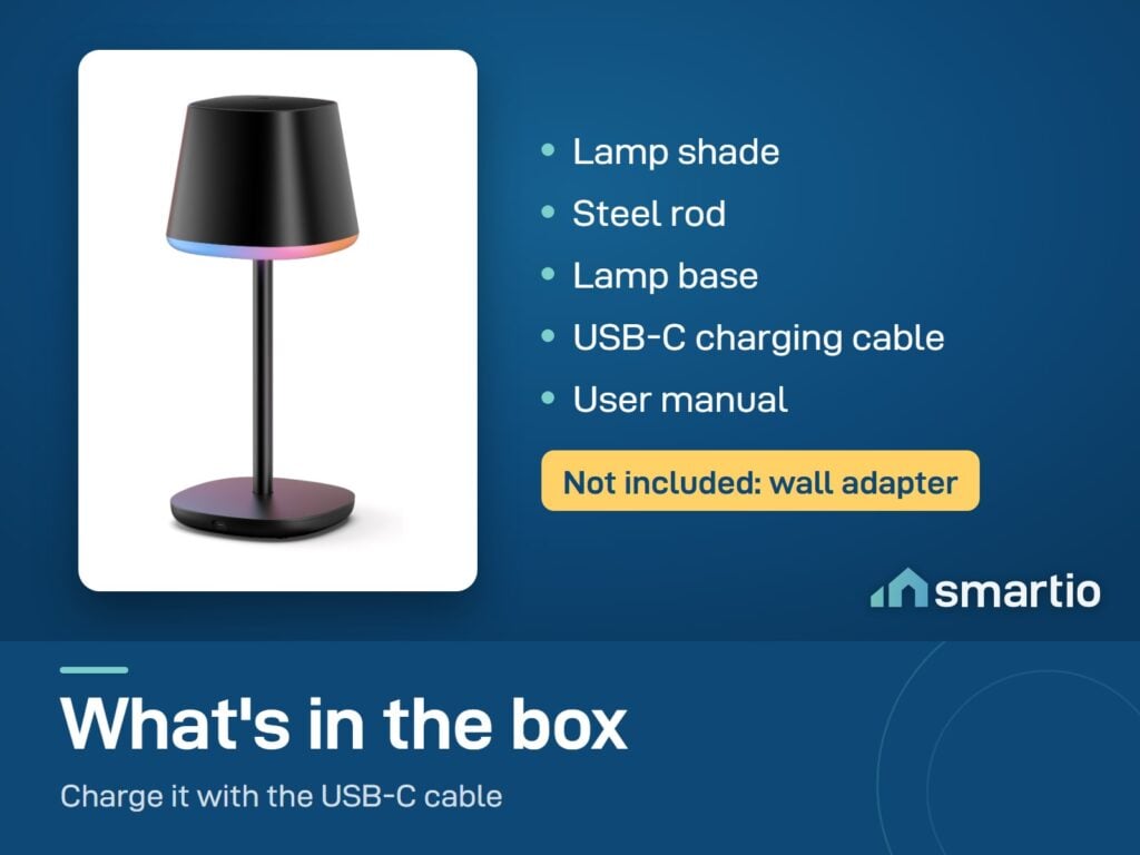 What is in the Govee Cordless Smart Table Lamp Classic box: shade, rod, base, USB-C cable and manual
