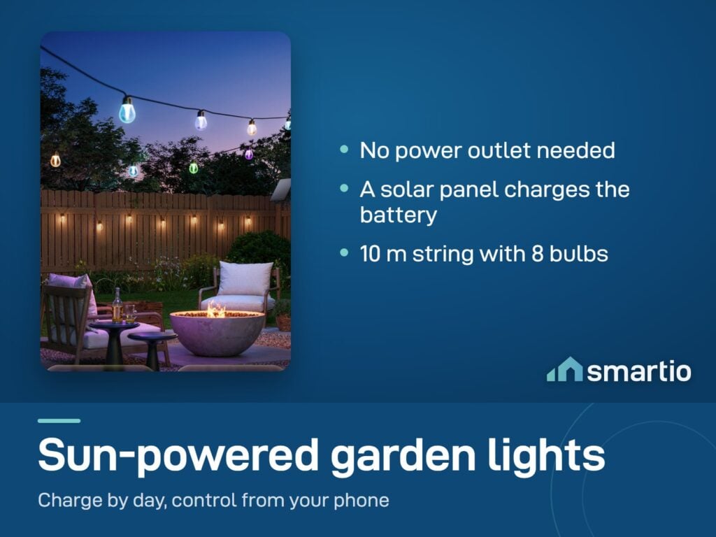 Govee Outdoor Solar String Lights hung over a garden patio at night, powered by a solar panel