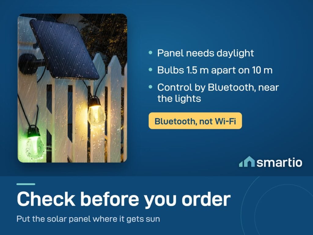 Govee Outdoor Solar String Lights and solar panel on a fence: 10 m string, 8 bulbs, Bluetooth control