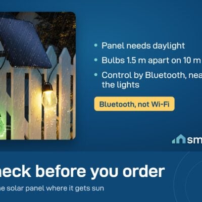 Govee Outdoor Solar String Lights and solar panel on a fence: 10 m string, 8 bulbs, Bluetooth control