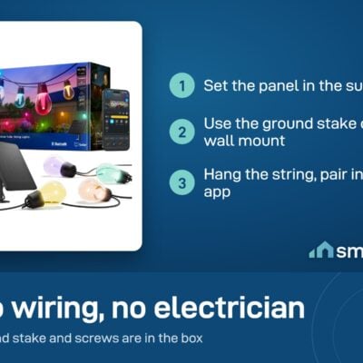 Govee Outdoor Solar String Lights setup: panel in the sun, ground stake or wall mount, hang the string, pair in the app