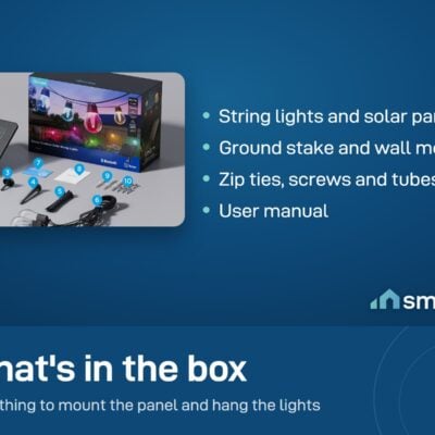 What's in the Govee Outdoor Solar String Lights box: string lights, solar panel, stake, mount, zip ties, screws, manual