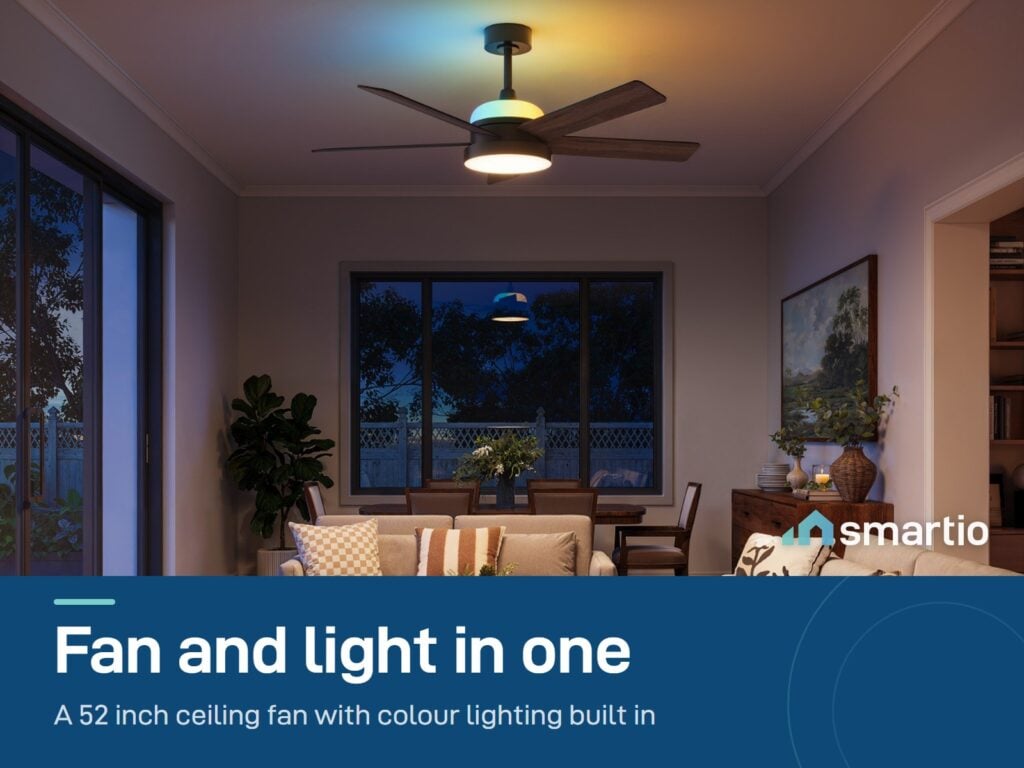 Govee Smart Ceiling Fan with Light lit in colour in a living room
