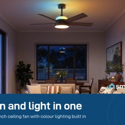 Govee Smart Ceiling Fan with Light lit in colour in a living room