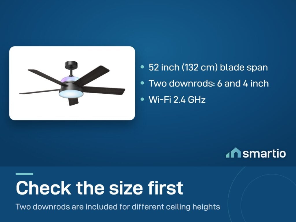 Govee Smart Ceiling Fan: 52 inch blade span, 6 inch and 4 inch downrods included, Wi-Fi 2.4 GHz