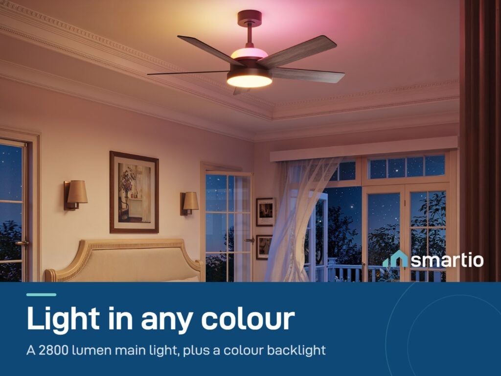 Govee Smart Ceiling Fan lighting a bedroom with warm colour