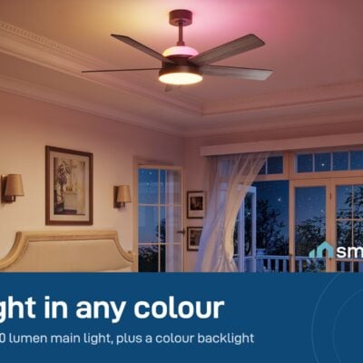 Govee Smart Ceiling Fan lighting a bedroom with warm colour