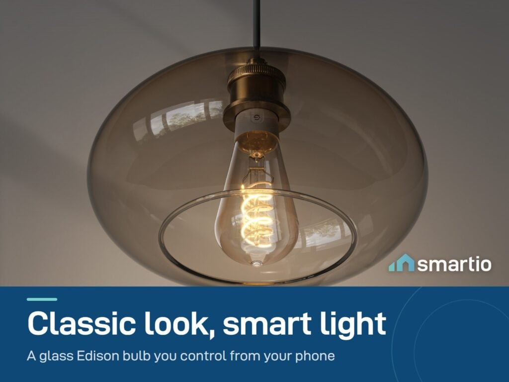 Govee Smart Edison Bulb glowing warm inside a glass pendant lamp