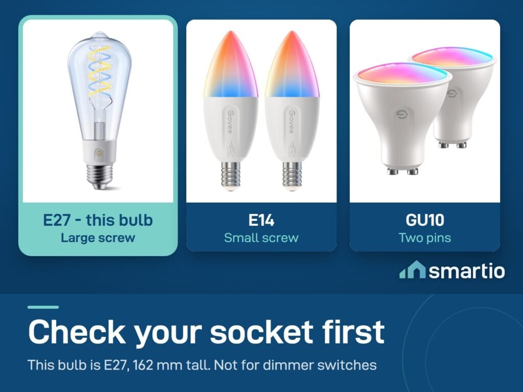 Sockets compared: E27 large screw, E14 small screw, GU10 two pins. The Govee Edison bulb is E27, 162 mm tall