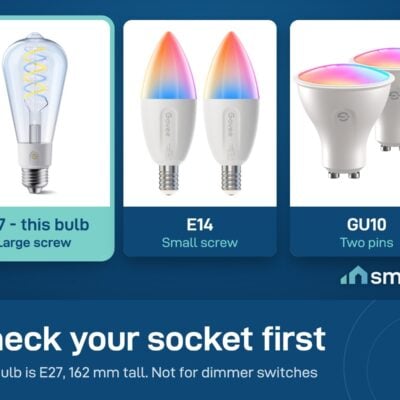 Sockets compared: E27 large screw, E14 small screw, GU10 two pins. The Govee Edison bulb is E27, 162 mm tall