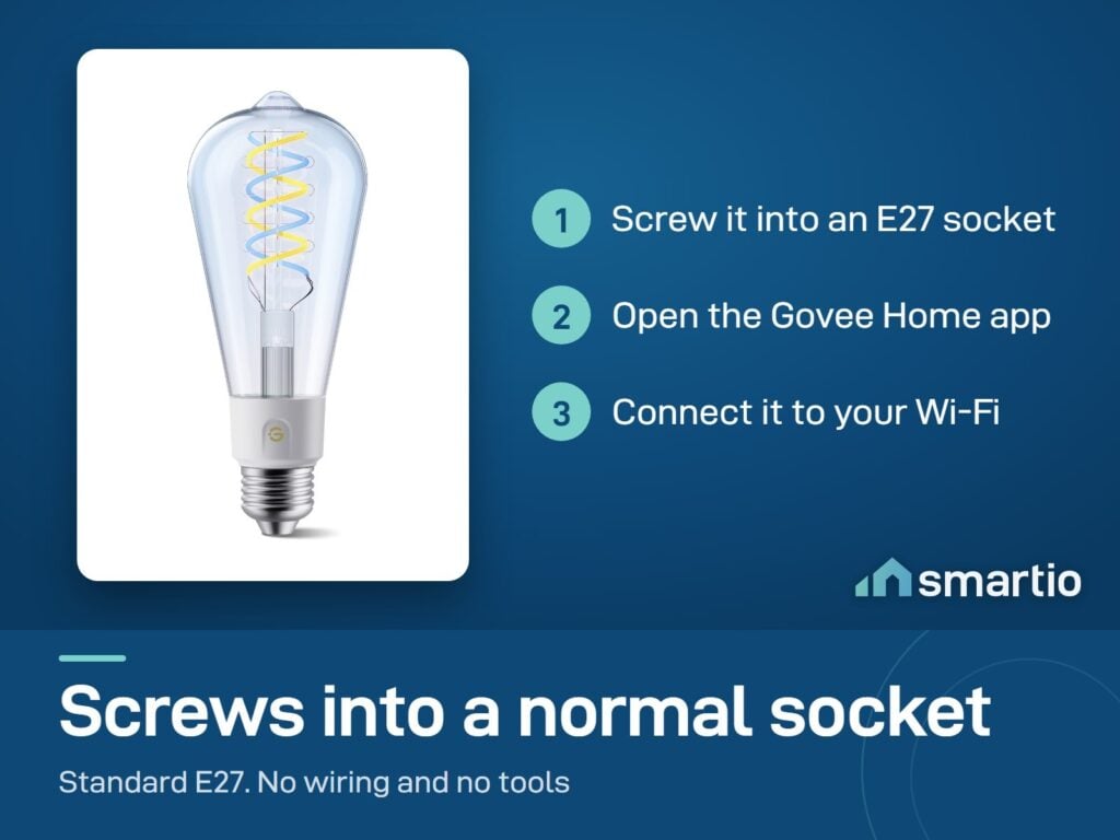 Govee Smart Edison Bulb setup: screw into an E27 socket, open Govee Home, connect to Wi-Fi