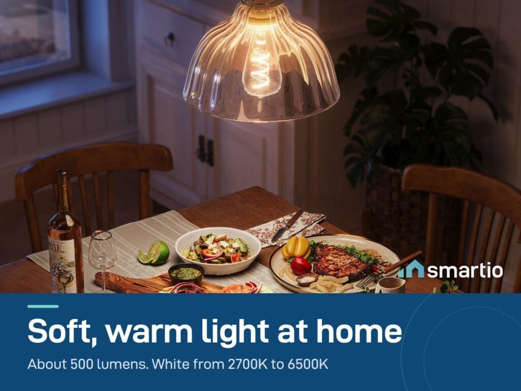 Govee Smart Edison Bulb lighting a dining table with warm white light; about 500 lumens