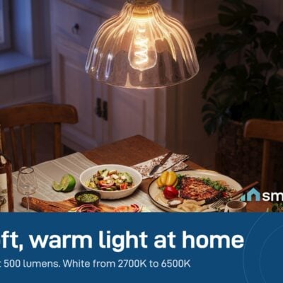 Govee Smart Edison Bulb lighting a dining table with warm white light; about 500 lumens