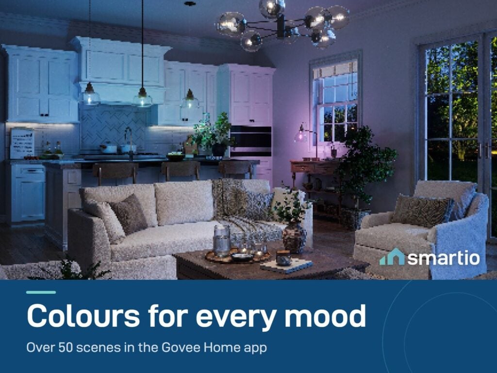 Govee Smart Edison Bulb setting a purple and blue mood in a living room; over 50 scenes in the app