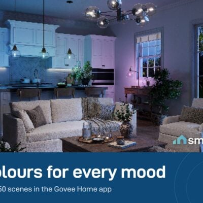 Govee Smart Edison Bulb setting a purple and blue mood in a living room; over 50 scenes in the app