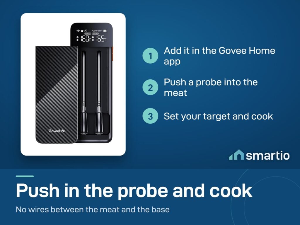Govee meat thermometer setup: add it in the Govee Home app, push a probe into the meat, set your target