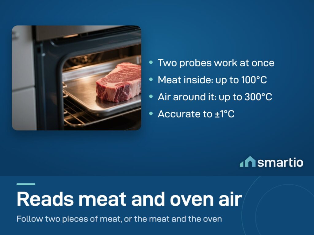 Steak cooking in an oven. Each Govee probe reads the meat up to 100 degrees and the air around it up to 300 degrees