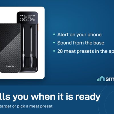 Govee meat thermometer alerts you on your phone and with a sound from the base when the target is reached
