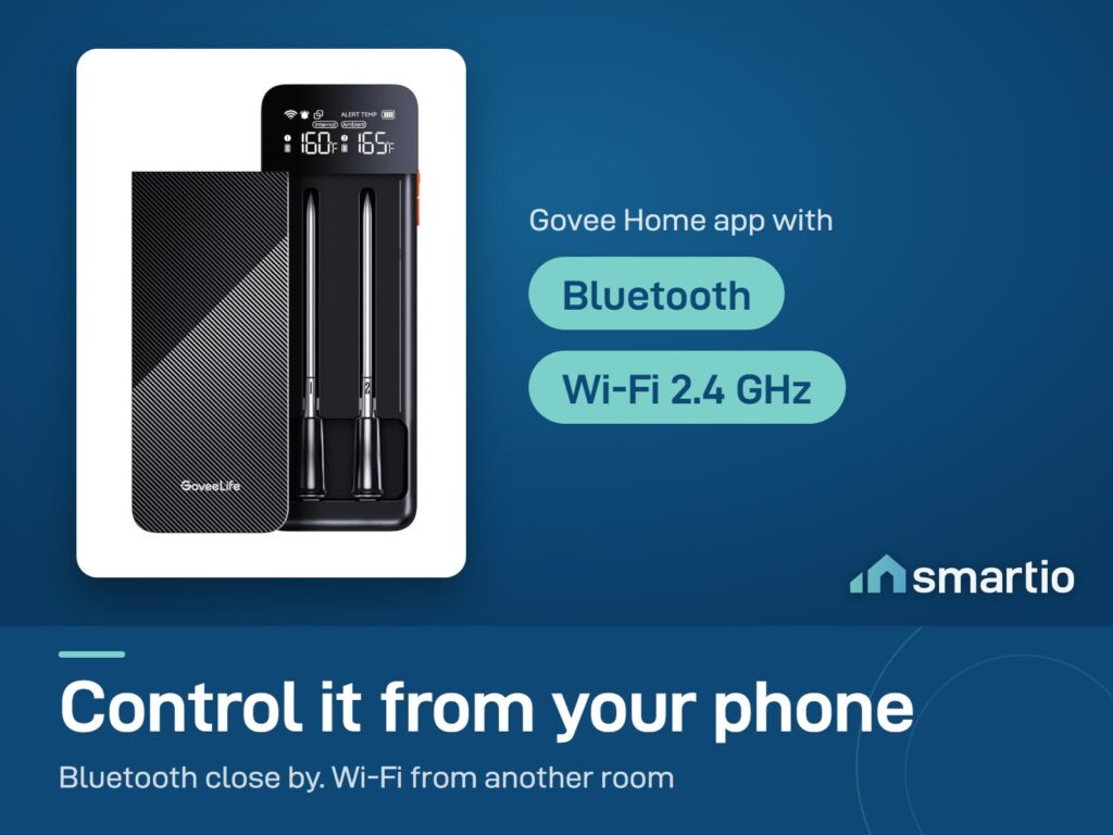 Govee meat thermometer works in the Govee Home app over Bluetooth close by, or over 2.4 GHz Wi-Fi from another room