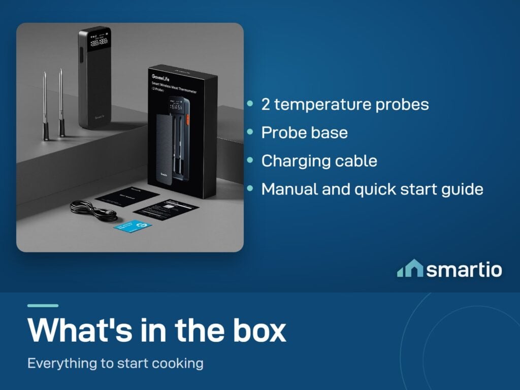 What's in the Govee meat thermometer box: 2 probes, probe base, charging cable, user manual and quick start guide