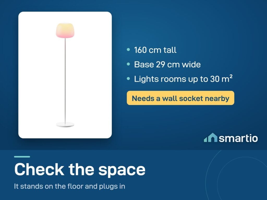 Govee floor lamp size: 160 cm tall, base 29 cm wide, lights spaces up to 30 square metres, plugs into a wall socket