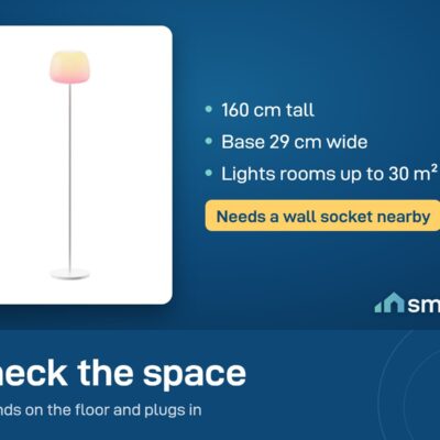 Govee floor lamp size: 160 cm tall, base 29 cm wide, lights spaces up to 30 square metres, plugs into a wall socket