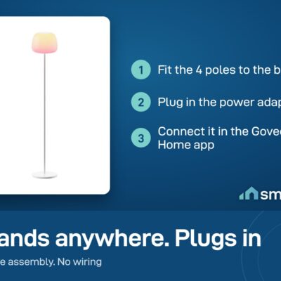Govee floor lamp setup: fit the 4 poles to the base, plug in, connect in Govee Home