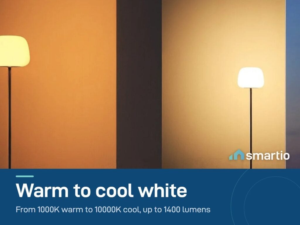 Two Govee floor lamps in a room giving warm white light; 1000K to 10000K, up to 1400 lumens